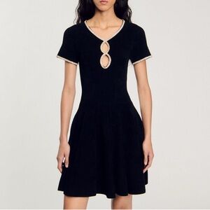 Sandro Elegant Black Mini Dress with Cream Details